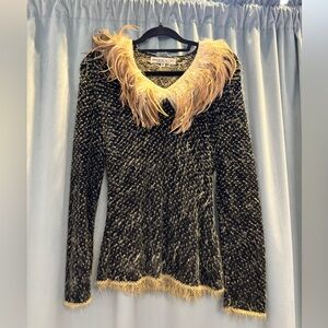 Angelica-Val Vintage Designer Black and Tan Feather Trim Sweater